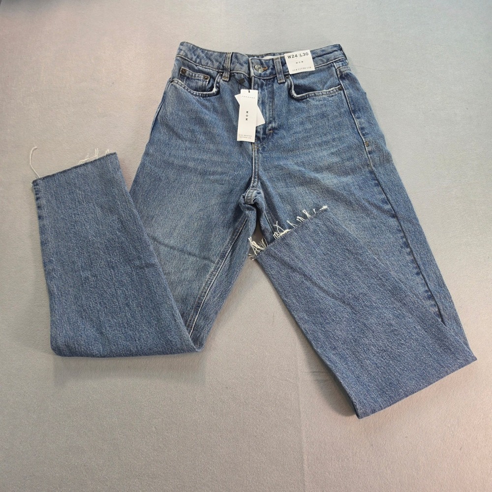 Topshop Mom Jeans High Rise Tapered Blue Distressed W24 L30 Y2K 90s Grunge